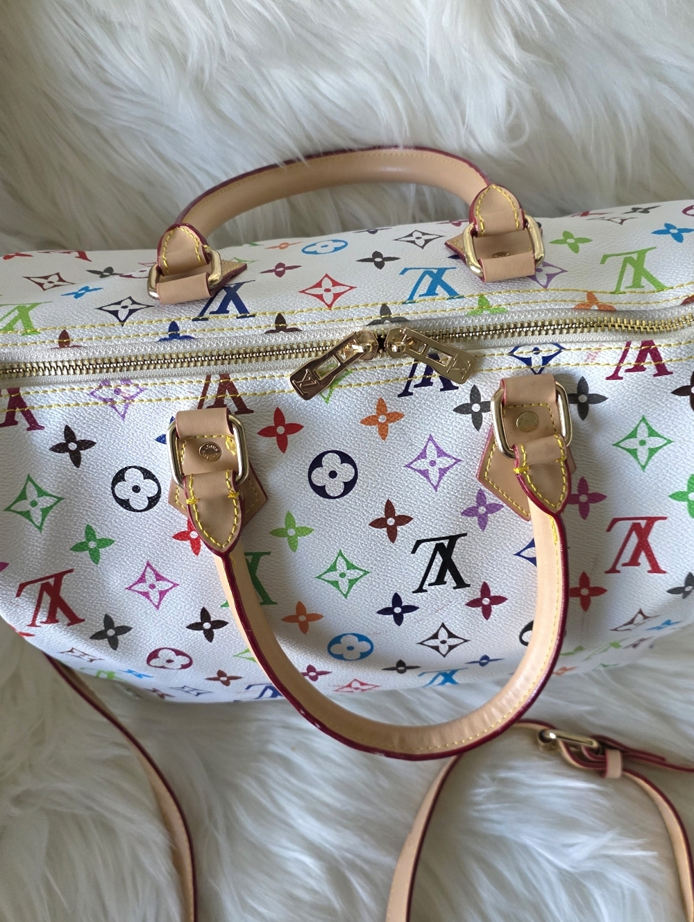 White Multicolor Monogram Crossbody Satchel - Picture 3 of 16